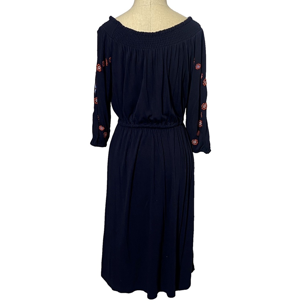Womens Embroidered Dress Size Small Navy Blue Boho Floral Folk Hippie Waist Tie - Picture 5 of 11